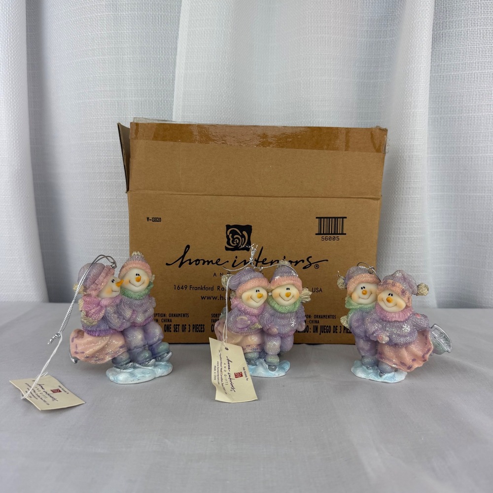 Home Interiors Gifts Skating Snowman Ornaments Set of 3 Pastel Glitter 56005